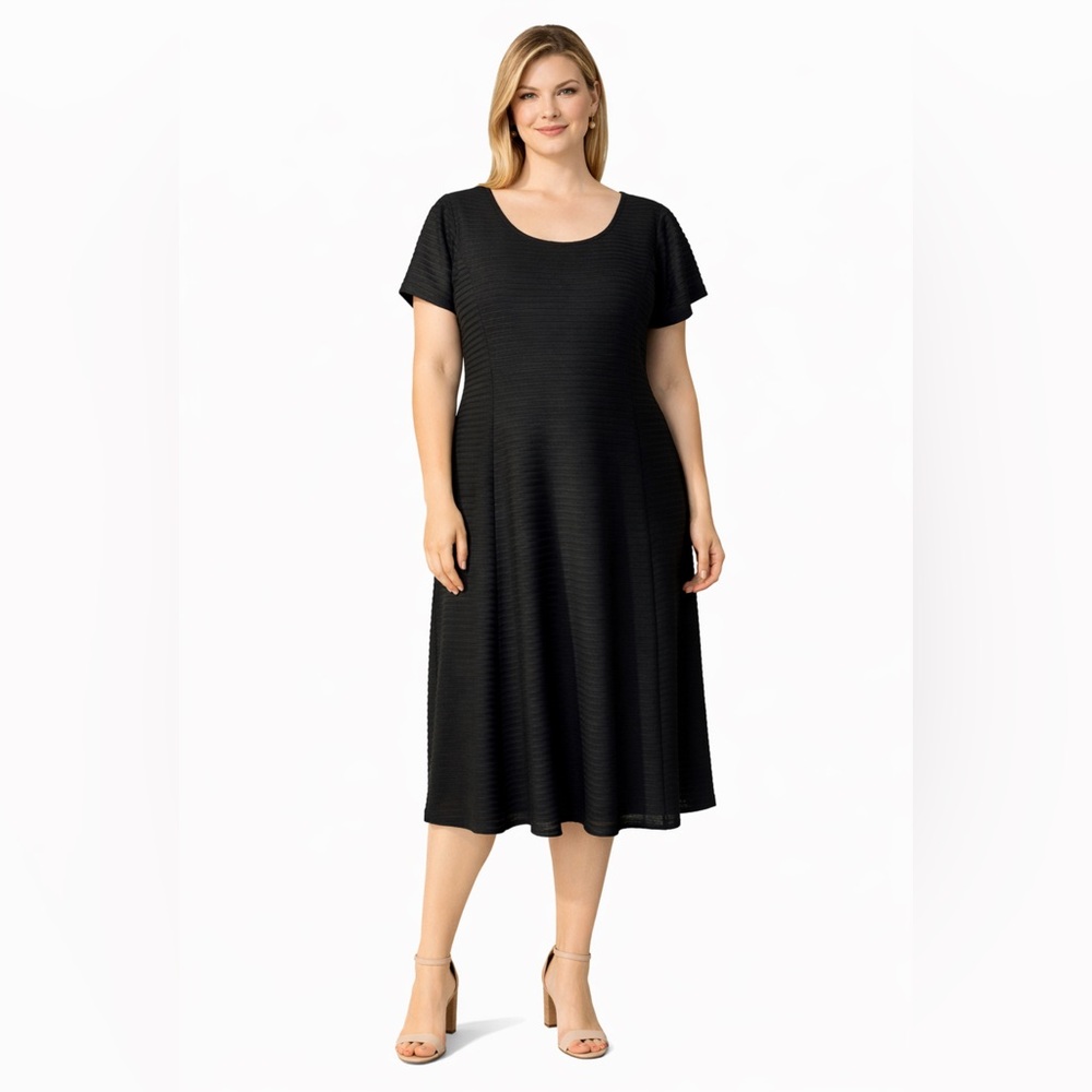 London Times Midi Dress 22W Black Short Sleeve Stretch Career Church WashableNEW
